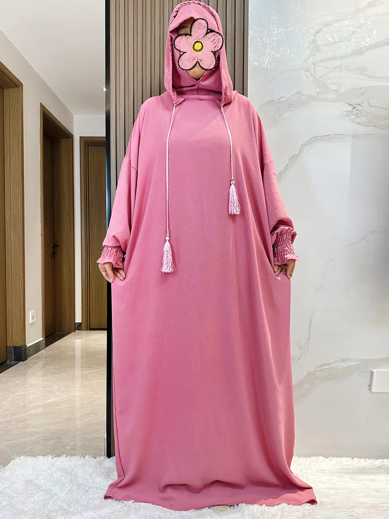 Muslim Abaya Solid Cotton Pullover Two Hat Women Eid Hooded Long Maxi Dress Turkey Kaftan Arab Robe Islamic Hijab Dubai Clothing.