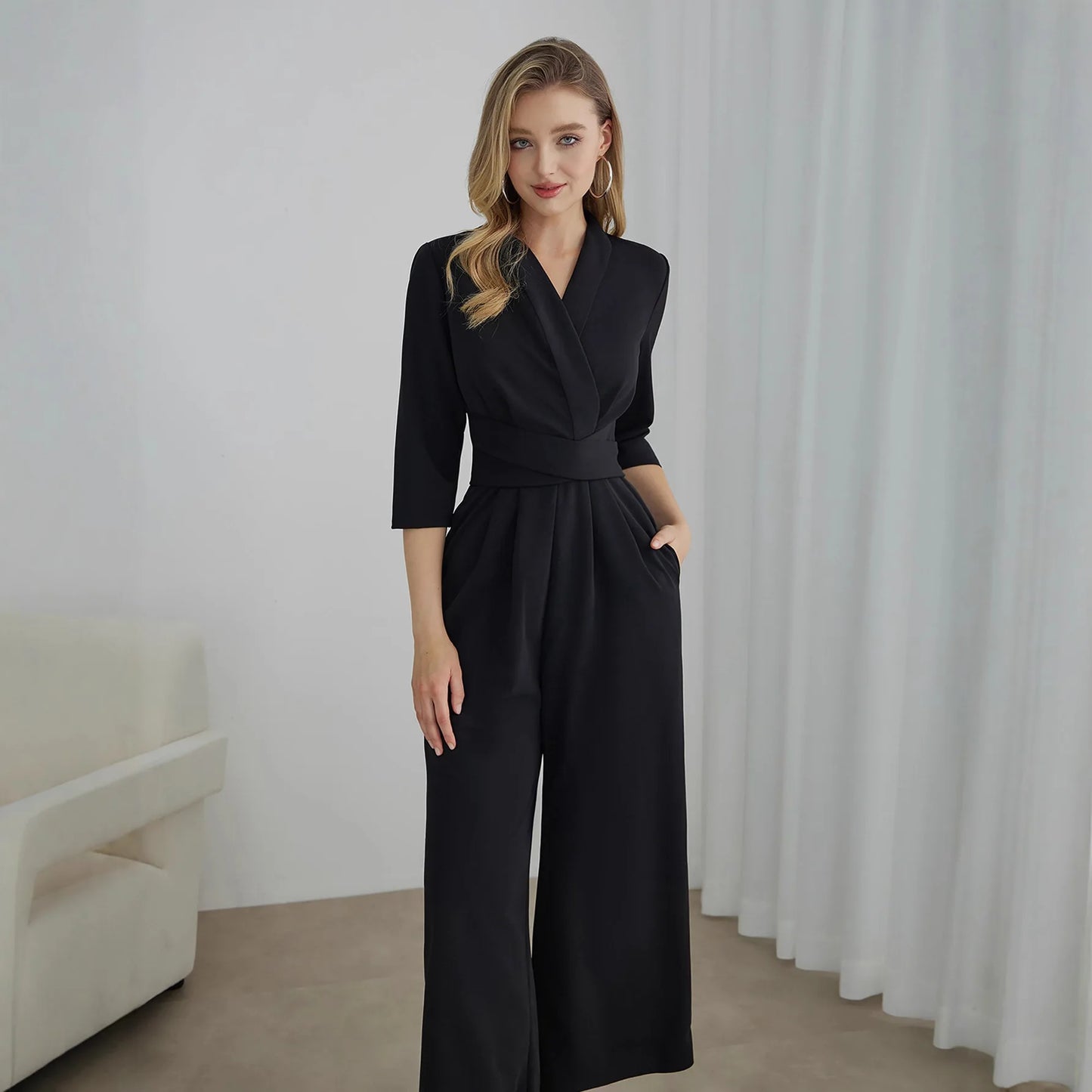 Elegant Pure Color V-Neck Sleeveless Wide Leg Jumpsuit Women's Spring Autumn Fashionable Comfortable Polyester One-Piece Suit.