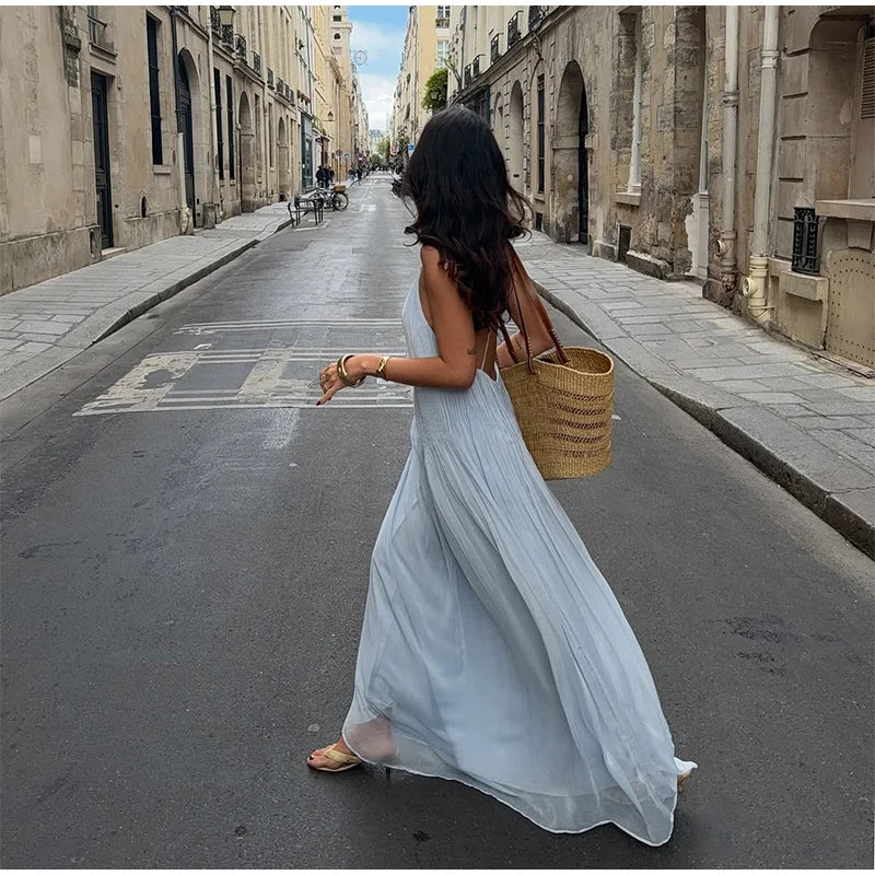 Sexy frauen Einfarbig Gefaltete Lange Kleid Elegante Ärmellose Hosenträger Backless Slim Fit Kleider Strand Party frauen Robe.