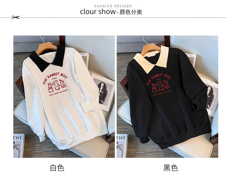 175kg plus size Damen büste Frühling Herbst loser Polo kragen Kaninchen besticktes Sweatshirt schwarz weiß 5xl 6xl 7xl 8xl 9xl.