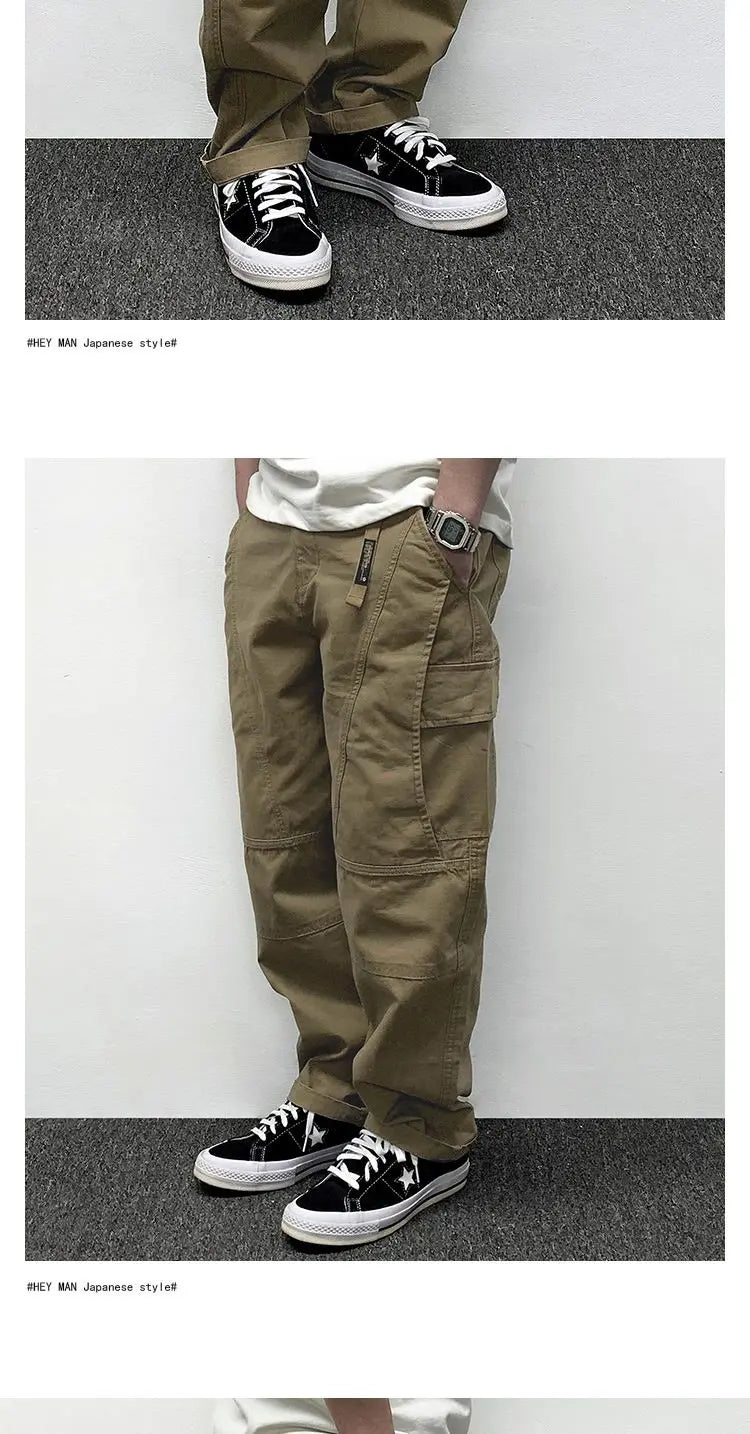 Autumn Men's Pants Multi-Pocket Cargo Pants Retro Solid Color Simple Loose Button Elastic Strap Casual Pants.