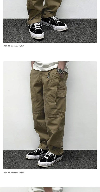 Autumn Men's Pants Multi-Pocket Cargo Pants Retro Solid Color Simple Loose Button Elastic Strap Casual Pants.