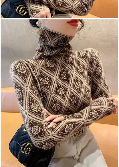 Frauen Kleidung Mode Rollkragen Argyle Stricken Pullover Herbst Winter Elegante Chic Schlanke Langarm Pullover Büro Dame Y2K Top.