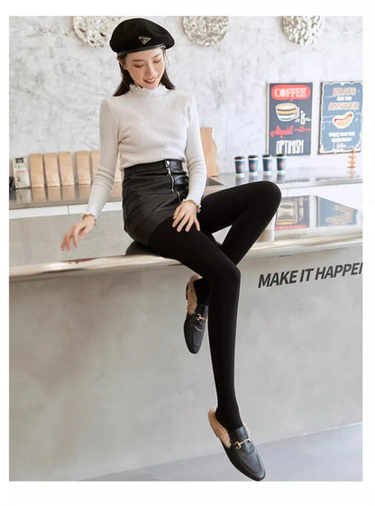 Winter Thermal Pantyhose Women Thicken Stockings Fake Translucent Pantyhose Fleece Lined Tights High Waist Elastic Wool Socks