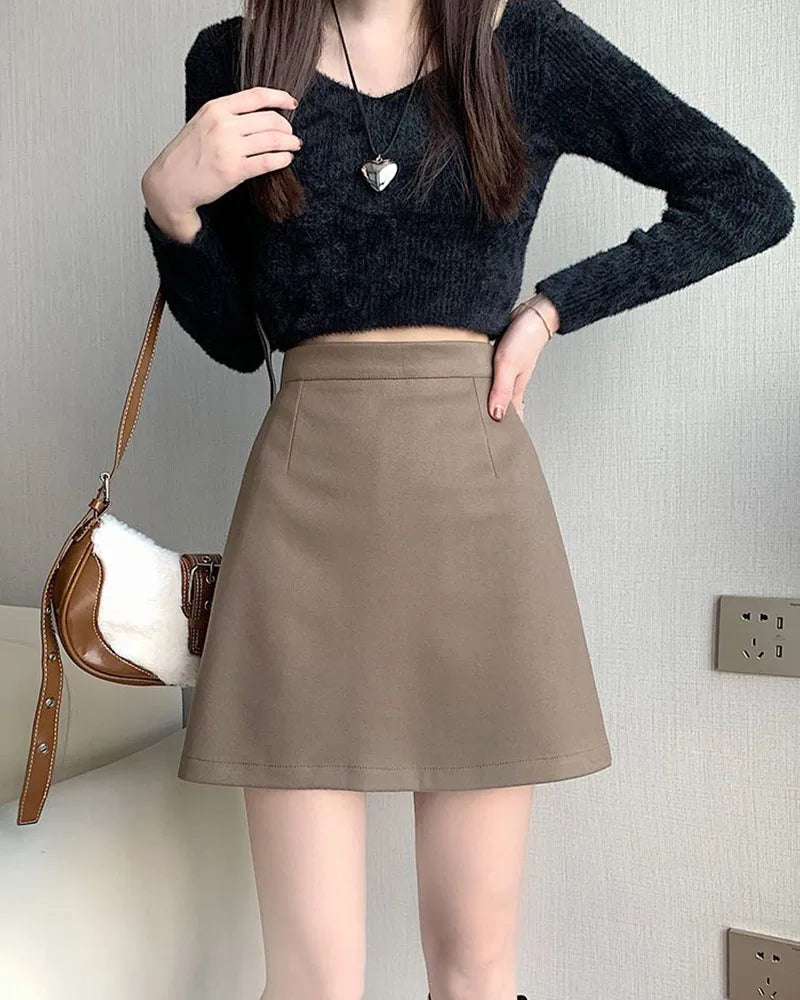 Autumn Winter Womens Woolen Skirt 2024 New Korean Style High Waist Bodycon Mini Skirts Ladies College Style Zipper A-Line Skirt.