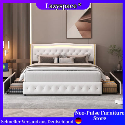 Lazyspace Diamond Embellishment Luxuriöses weißes PU-Polsterbett, Bettrahmen-Kopfteil mit bunten LED-Leuchten und USB-Anschluss