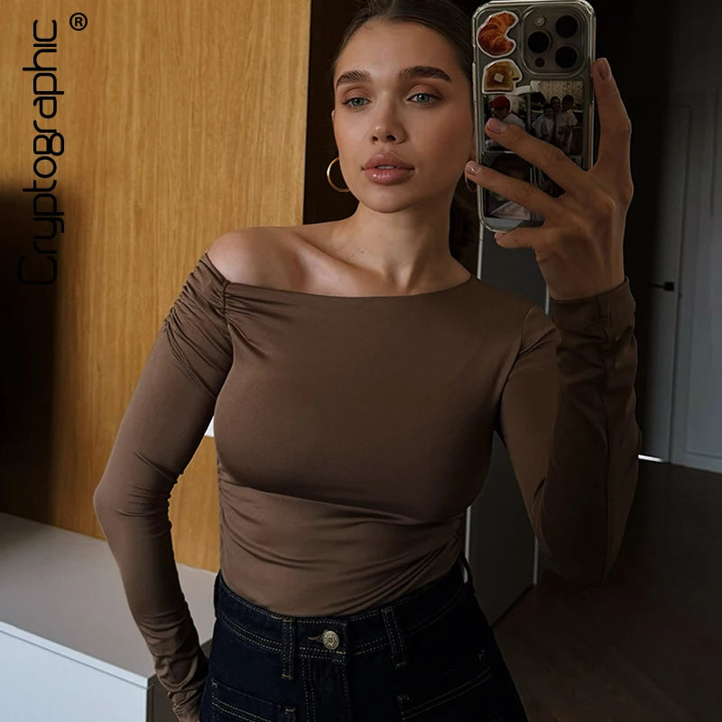 Cryptographic Fashion Solid Long Sleeve Bodysuits Elegant Outfits Slim Asymmetrical Tops Streetwear Basic One Piece Clothes.