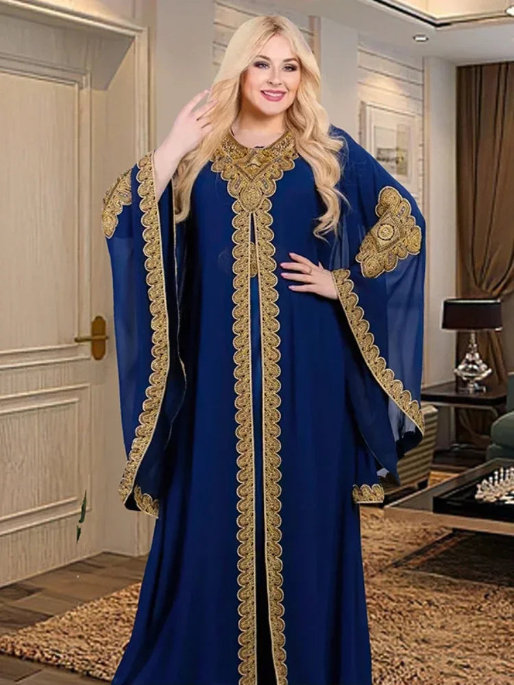 Partykleider für Frauen, Abaya, muslimischer Kaftan, 2-teiliges Set, Eid-Flare-Ärmel, Robe, bestickt, goldene Spitzenkleid, Anzug, Jalabiya Ramadan
