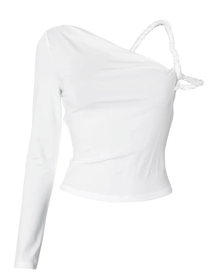 kliou Incline Shoulder Women T-shirts Classic New All-matched Single Sleeve Strap Skinny Crop Tees Mujer Chic Fashion Street Top.