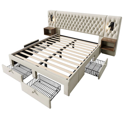 KOMHTOM Polsterbett mit 2 Nachttischen und 4 Schubladen, Kopfteil Leselicht mit USB-Ladefunktion, Samt (Ohne Matratze)