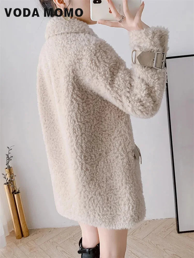 Neue 2024 Winter frauen Imitieren lammwolle Jacke Weibliche Mäntel Mid Lange Samt Verdicken Harajuku Warme Vintage Damen Outwear Tops.