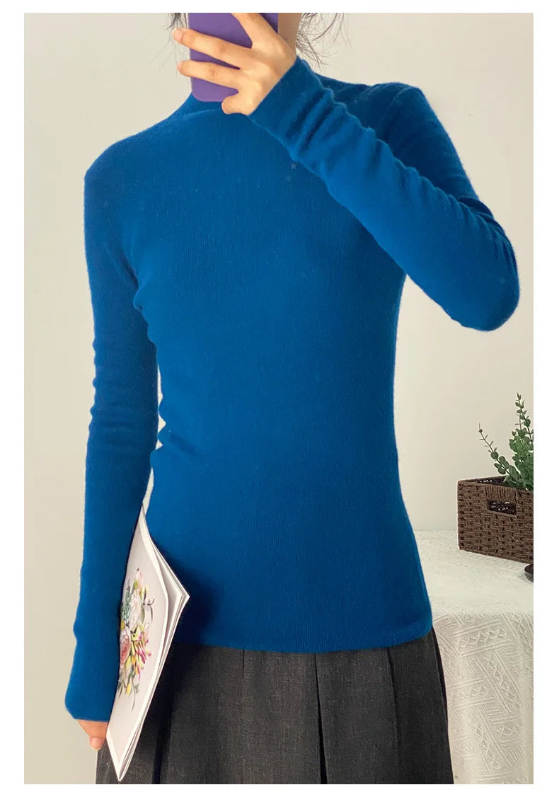 100% Ultra-fine Merino Wool Sweater Autumn and Winter Loose and Simple Semi-turtleneck Wool Bottoming Shirt Multi-color Sweater