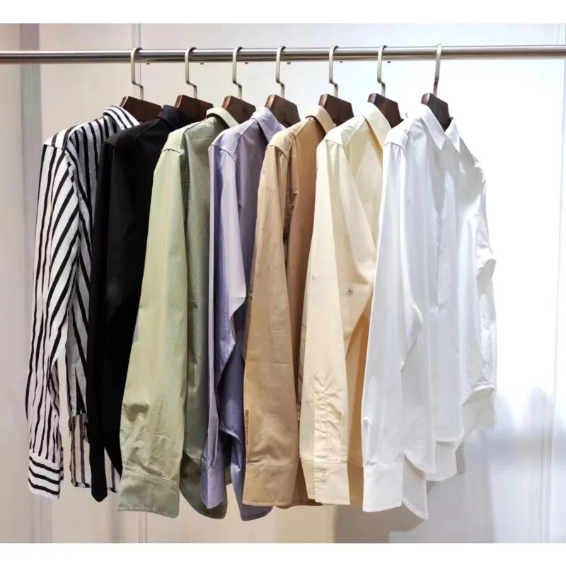 LUXURY Women's Vertical Striped Shirt, Short Front and Back, Short, Vertical Striped Shirt, Loose Long Sleeve, Commuter Style.