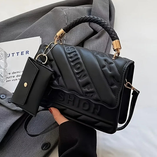 1pc Trendy Quilted Handbag with Adjustable Strap, Stylish Black Shoulder Purse for Women with Mini Coin Pouch, Crossbody Purse.