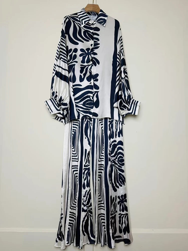 Designer's retro geometric print loose shirt two-piece set for Spring 2025 women's wear + pleated wide-leg pants fashion set.