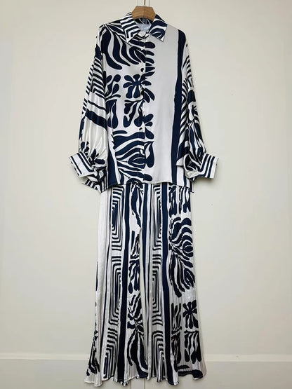 Designer's retro geometric print loose shirt two-piece set for Spring 2025 women's wear + pleated wide-leg pants fashion set.