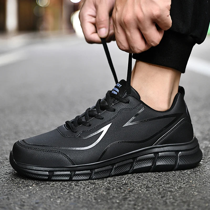 YRZL Black Running Shoes Leather Waterproof Athletic Sneakers Men Wear-resistant Men Walking Sport Shoes Comfortable Men Shoes.