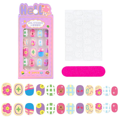 24Pcs/box Kids nails for Girl Cartoon Pattern False Nail Cute Child Fake Nails Tips Kawaii Acrylic Artificial Press on Nail+Tool