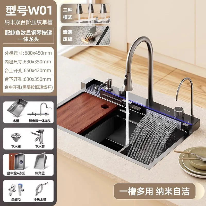 5.0 Thickened Whale Honeycomb Sink Feiyu Waterfall 304 Stainless Steel Handmade Digital Display Single Sink Household Kitchen