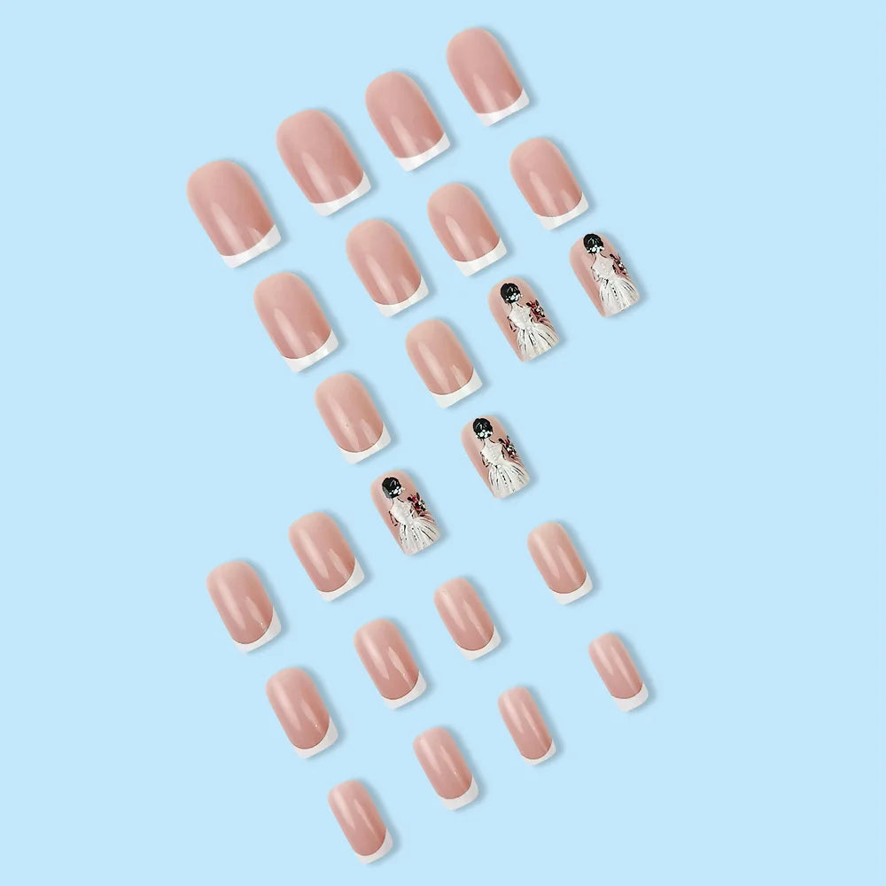 24pcs/set short square fake nails for women cute bride heart white french tips faux ongles y2k press on false nail supplies.