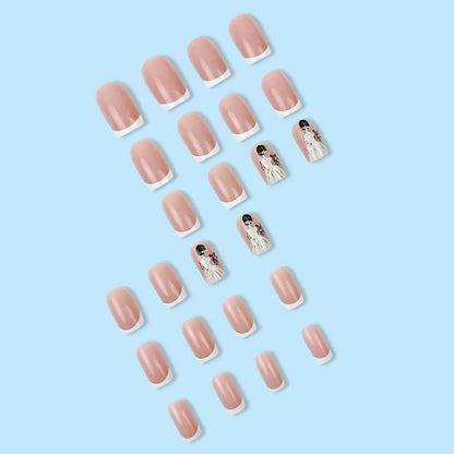 24pcs/set short square fake nails for women cute bride heart white french tips faux ongles y2k press on false nail supplies.