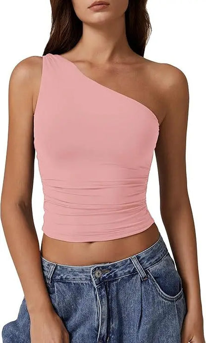 Womens One Shoulder Shirts Going Out Crop Tops Basic Sexy Slim Fit Y2K Tank Top Summer Fashion 2025.