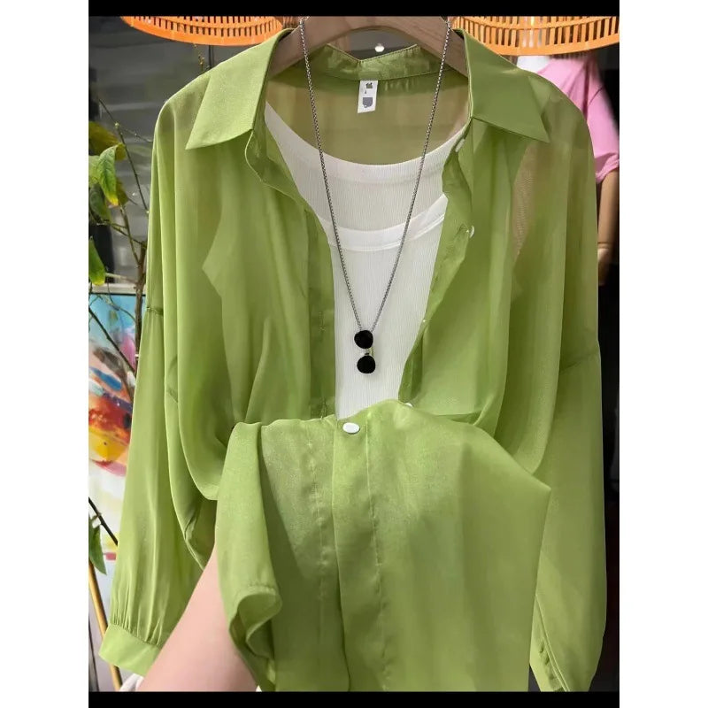1pcs Woman Four Seasons Shirt Lady Thin Sunscreen Shirts Female Casual Long Sleeve Turn-down Collar Loose Med-Length Style Tops