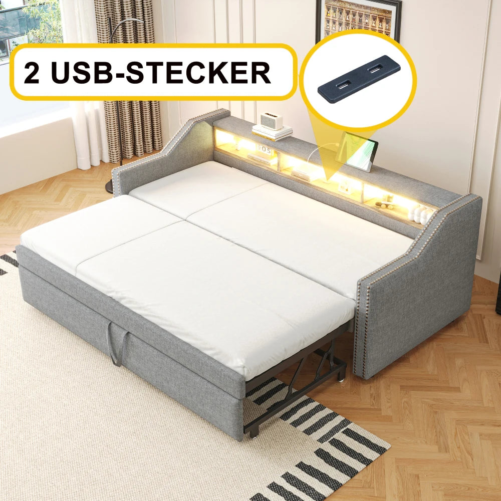 Ausziehbares Schlafsofa 90/180 x 190 cm, multifunktionales Aufbewahrungsfach, LED-Licht und USB-Buchse, mit Gitter, Dunkelgrau