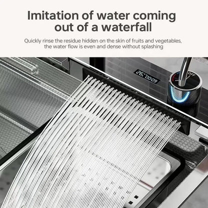 Silver Waterfalls Stainless Steel Kitchen Sink Multifunction Intelligent Digital Display Temperature Household Large Single Slot