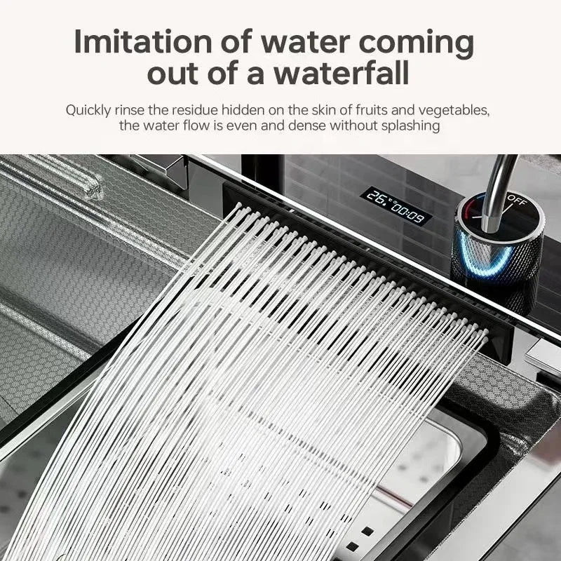 Stainless Steel Silver Kitchen Sink Multifunction Waterfalls Intelligent Digital Display Faucet Household Large Single Slot