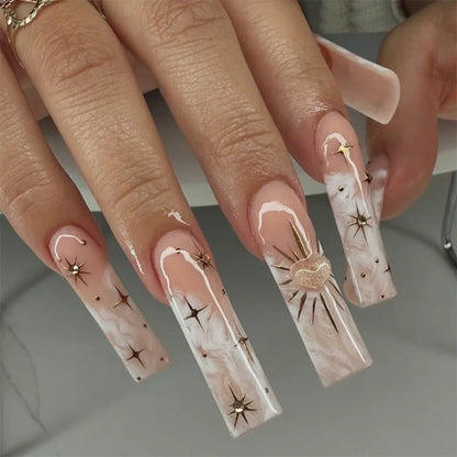 24Pcs 3D Long Ballet False Nails White Coffin Wave with French Design Wearable Fake Nails Gold Line Full Cover Press on Nails.