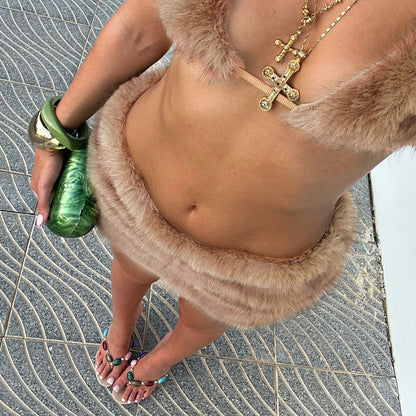 Faux Fur Bodycon Mini Skirts 2025 Fall Winter Women Fashion Sexy Low Waist Hipster Furry Night Clubwear Bottoms Streetwear Skirt