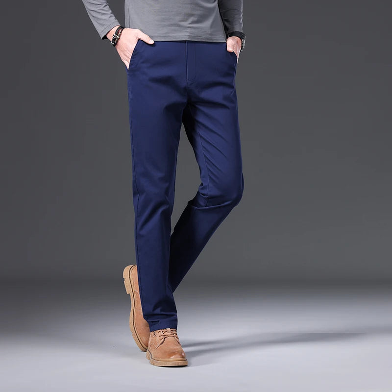 Cotton Men's Casual Pants Straight Stretch Trouser Male Fashion Slim Business Dress Golf Office Spring Autumn Khaki Black Formal.