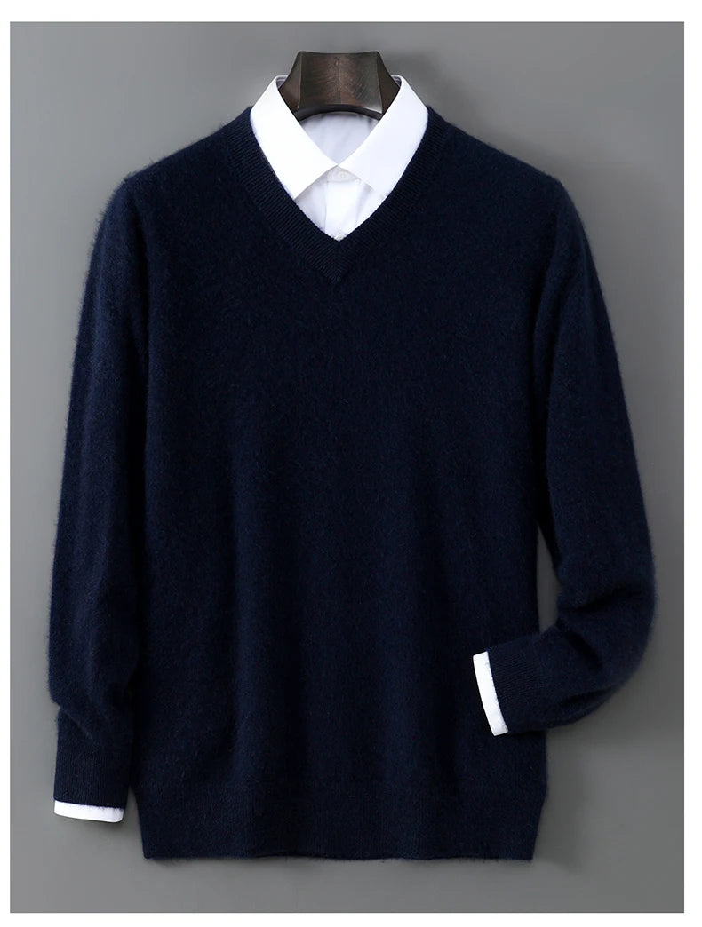 2025 Autumn Winter New Men's Wool Sweater Solid Color V-Neck Pullover Sweater Casual Loose Business Knit Plus Size Base Sweaters