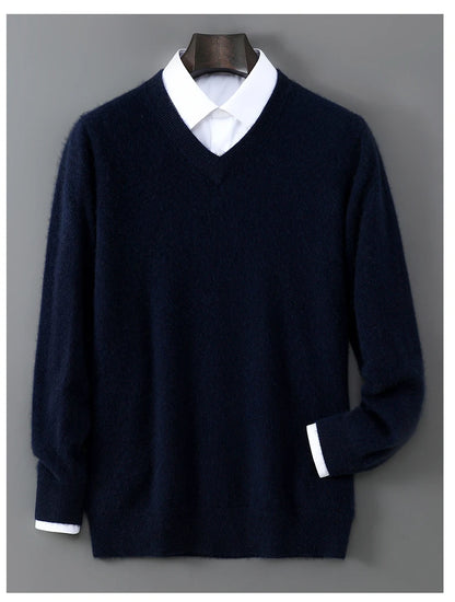 2025 Autumn Winter New Men's Wool Sweater Solid Color V-Neck Pullover Sweater Casual Loose Business Knit Plus Size Base Sweaters