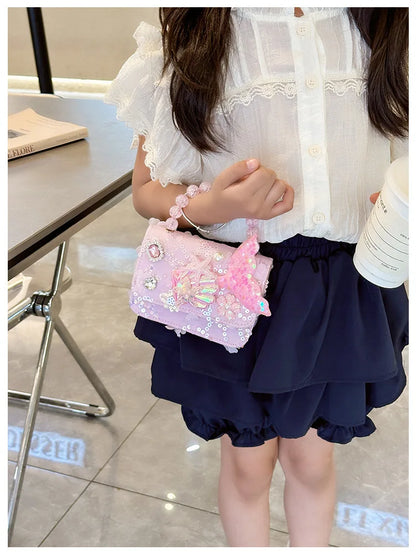 Lovely Sequin Girls Square Shoulder Bag Fish Tail Starfish Princess Crossbody Bags Bead Handle Children's Small Handbags Purse