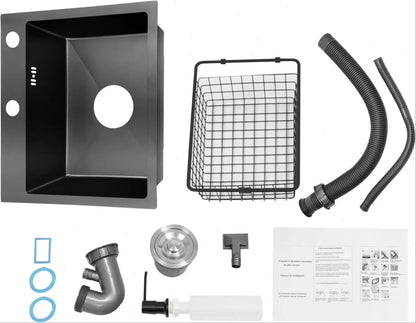 Küchenspüle 45x40cm Spülbecken Einbauspüle mit Abflusskorb und Seifenspender Edelstahl Spüle Küche Waschbecken, 1 Becken, Schwar