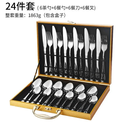 24pcs Golden Tableware Set Light Luxury Stainless Steel Cutlery Fork Knife Spoon Dinnerware Set Minimalist Decor with Gift Box