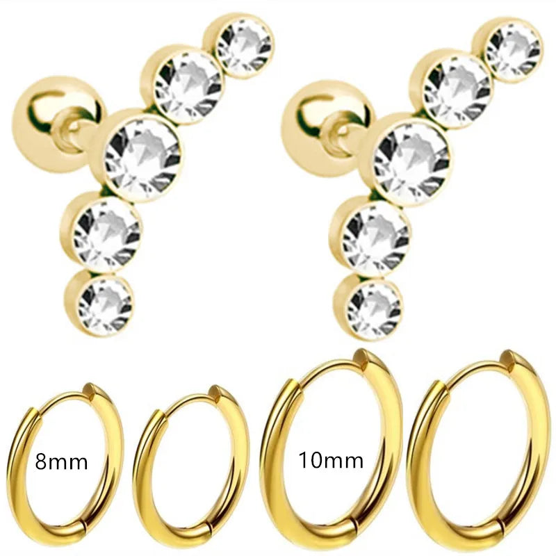 Cyrstal Tragus Stud Earrings Set Cluster Helix Piercing Stud Bulk Cartilage Huggie Earring Hoops Ear Lobe Hoops Circle Jewelry.