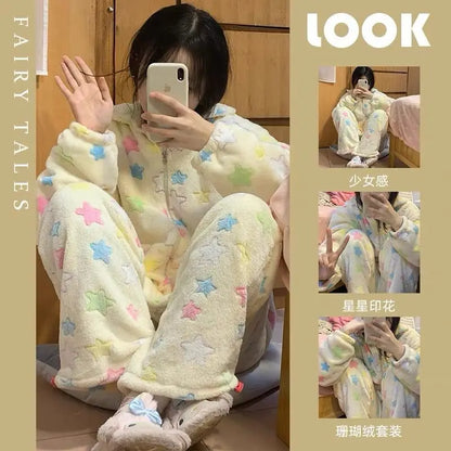 Y2k Star Printed Pajama Sets Women Winter Coral Velvet Soft Warm Loose Gentle Girlish Kawaii Student Dormitory Sleepwear Comfort.