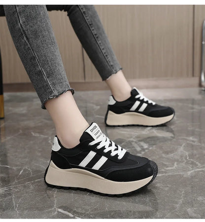 Spring Thick Bottom Women's Shoes 2025 Summer Casual Patchwork Leather Sneakers Casual Vulcanised Shoes Ladies Chaussure Femme