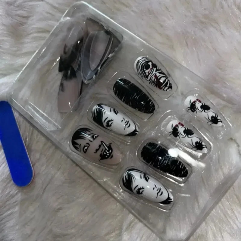 24Pcs Horror Comic Tomie Press on Nails Almond Glossy Black Japanese Anime Nails Reusable Halloween False Nail Tips for Girls.
