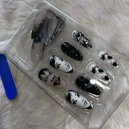 24Pcs Horror Comic Tomie Press on Nails Almond Glossy Black Japanese Anime Nails Reusable Halloween False Nail Tips for Girls.