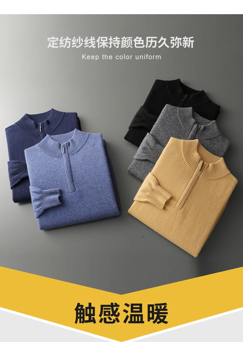 New Half Turtleneck Zipper Men's Pullover 100% Cashmere Sweater Solid Color Casual Versatile Wool Sweater Men's Clothing.