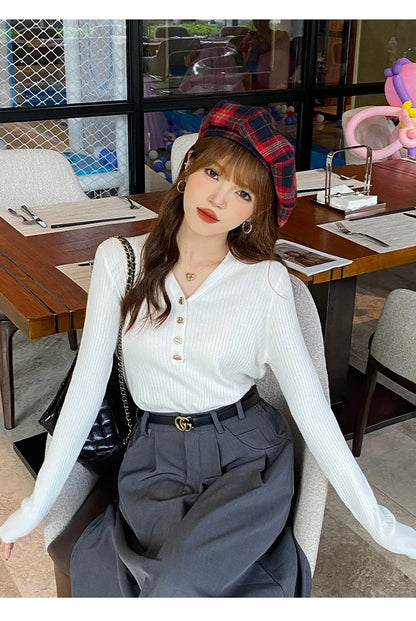 2023 herbst Winter Frauen Pullover Beiläufige Dünne Taste Gestrickte Pullover Pullover Femme Grundlegende Solide Jersey Tops Mode Kleidung