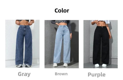 American Style High Waist Wide Leg Jeans Women's Spring New Loose Slim Straight Floor-Length Denim Pants.