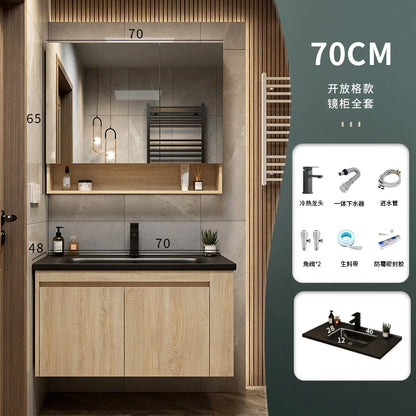 Leichter Luxus-Badezimmerschrank-Kombination, Badezimmer-Waschbecken, Gesichtswaschbecken, Toilettenholz, Waschbecken aus Keramik, integriertes Waschbecken im japanischen Stil