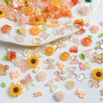 60PCS Creative Fudge Heart Dragonfly Orange Resin Nail Charms Transparent Star Butterfly Flower Mixed Nail Art Decorations DIY.