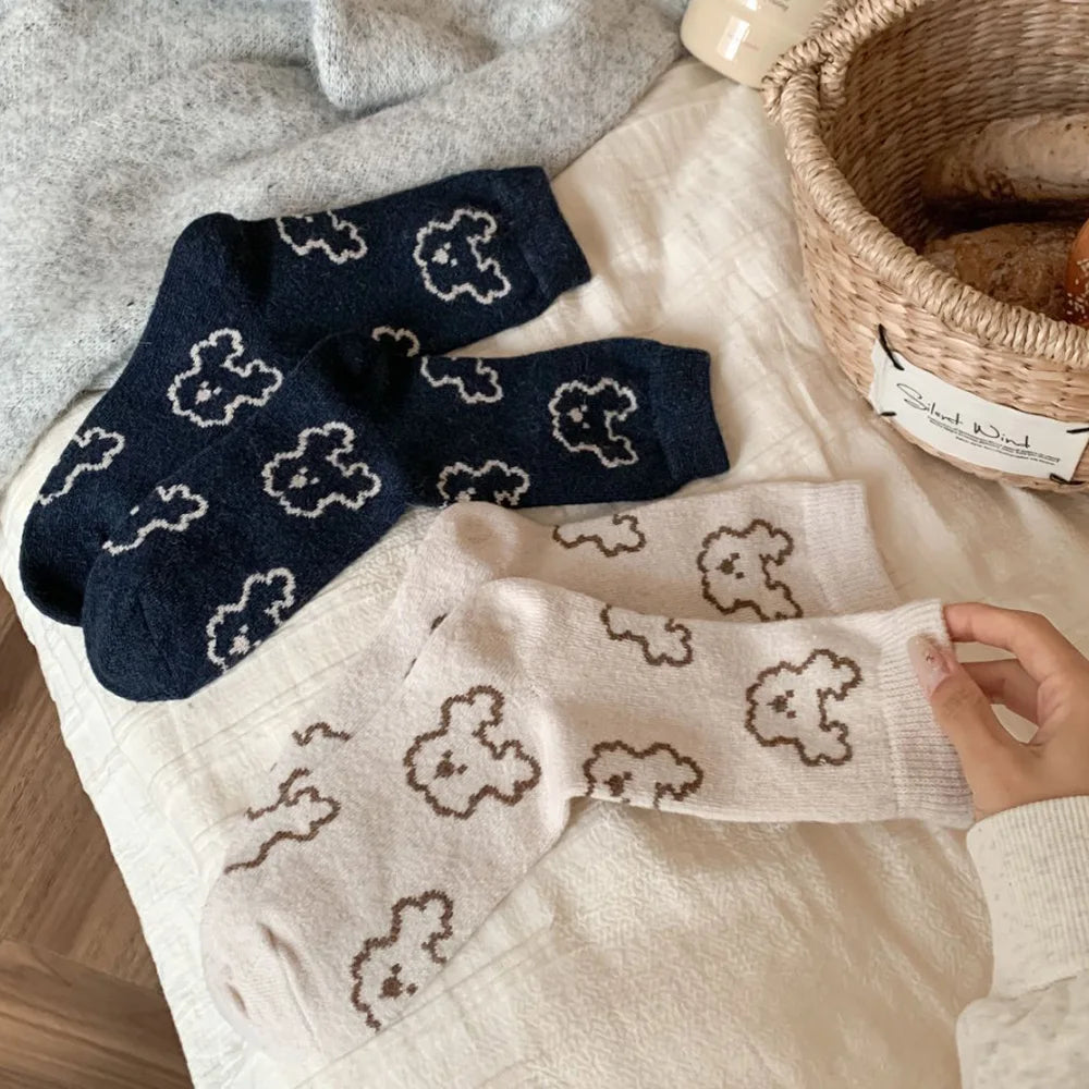 Christmas Gift Socks Women Winter Keep Warm Wool Socks Cute Bear Cartoon Happy Funny Kawaii Daily Streetwear Woman Floor Socks.