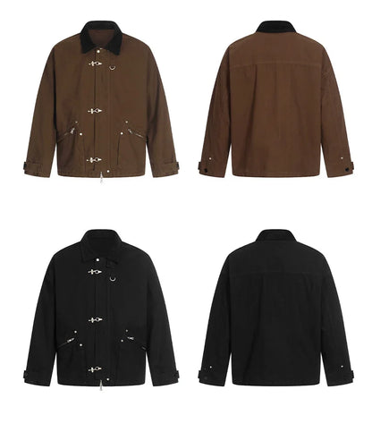 Men Washed Cotton Metal Buckle Streetwear Vintage Loose Casual Short Bomber Cargo Jacket Couple Spring Autumn Coat Outerwear.